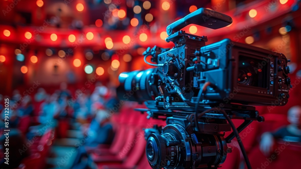 Poster a professional camera sits in front of an audience, ready to capture a performance in a red-lit thea