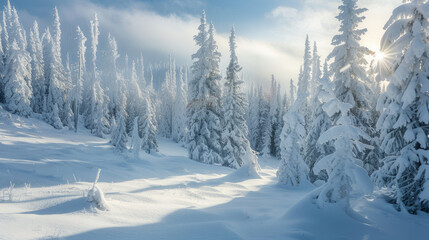 Fototapeta premium Winter wonderland captured through captivating photography. Majestic pine trees adorned with glistening icicles and a blanket of pure white snow create a breathtaking landscape.