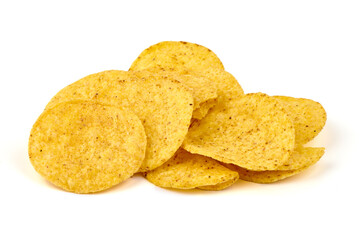 Mexican nachos chips, corn tortilla crisps, isolated on white background.