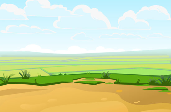 Distant fields in plain. Scenery Landscape. Fun cartoon style. Vector