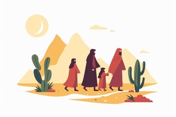 Obraz premium Desert Journey: A Family Walks Through the Sand Dunes