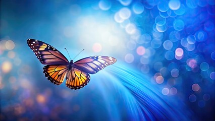 A beautiful butterfly gracefully hovers against a vibrant blue background, butterfly, insect, wings, nature, colorful