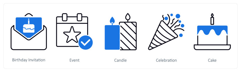 Obraz premium A set of 5 Party and Celebration icons as birthday invitation, event, candle