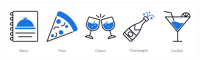 A set of 5 Party and Celebration icons as menu, pizza, cheers