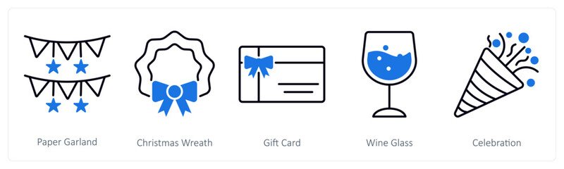 A set of 5 Party and Celebration icons as paper garland, christmas wreath, gift card