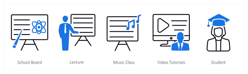 A set of 5 School and Education icons as school board, lecture, music class