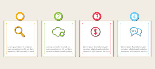 Five square paper white elements with colorful circles and icons