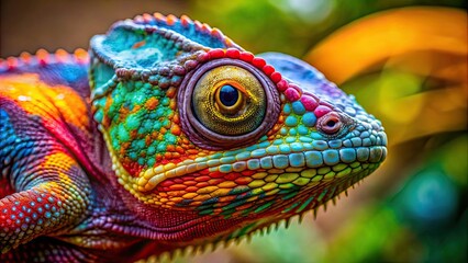 Obraz premium A close-up photo of a colorful chameleon blending into its surroundings, reptile, camouflage, nature, wildlife, adaptation