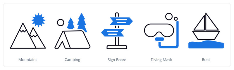 A set of 5 Summer and Travel icons as mountains, camping, sign board