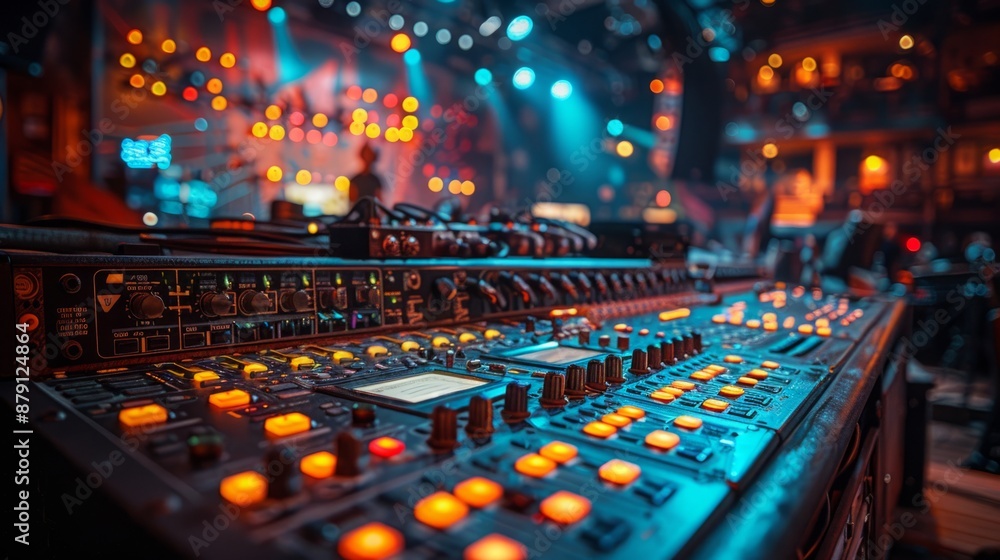 Poster a close-up shot of an audio mixing board with illuminated buttons, knobs, and faders in a dimly lit 