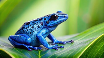 Obraz premium Blue frog with black spots sitting on leaf, frog, blue, black spots, spotted frog, leaf, nature, wildlife, amphibian, colorful