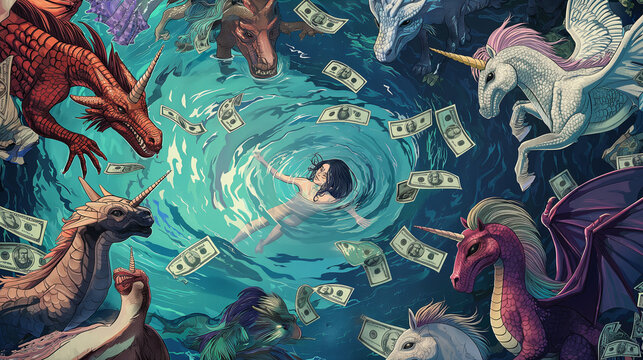 The image is a playful and whimsical representation of wealth and fantasy