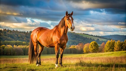 Beautiful brown horse standing in a field , equine, majestic, animal, farm, ranch, grass, mane, tail, field, countryside