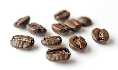 Fototapeta premium There are some coffee beans on a white background in the photo. The photo was taken with a Canon EOS camera and has high resolution and bright colors. It is a style of commercial photography with a cl