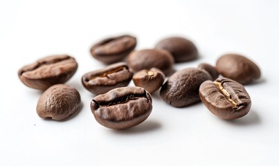 There are some coffee beans on a white background in the photo. The photo was taken with a Canon EOS camera and has high resolution and bright colors. It is a style of commercial photography with a cl