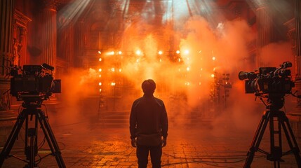 A film crew sets up in a large room illuminated by bright orange lights and filled with smoke.