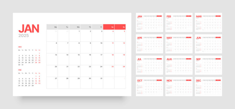 Monthly calendar template for 2025 year. Diary planner in a minimalist style. Week Starts on Monday. 