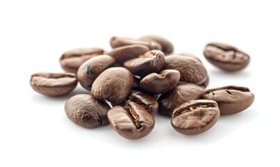 Naklejka premium There are some coffee beans on a white background in the photo. The photo was taken with a Canon EOS camera and has high resolution and bright colors. It is a style of commercial photography with a cl