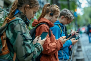 Fototapeta premium Group of young people using smart mobile phone device outside