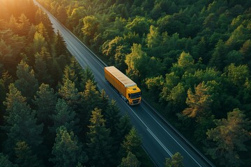 Aerial top view of a yellow truck driving on highway road in bright green forest