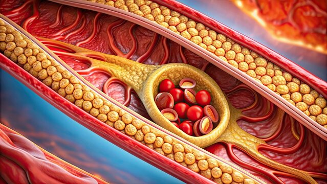 An of a cross section showing atherosclerosis and atheromatous plaque in an artery