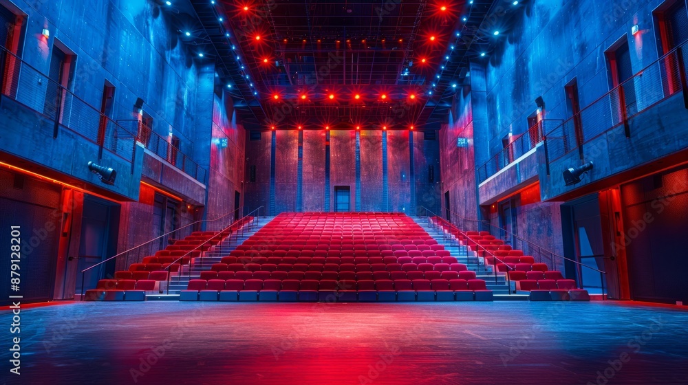 Poster a wide shot of an empty theater with red seats illuminated by blue and red lights. the stage is in t