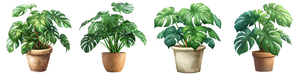 Fototapeta premium Collection of potted Monstera plants in various clay pots, showcasing lush green foliage, perfect for home decor or gardening themes.