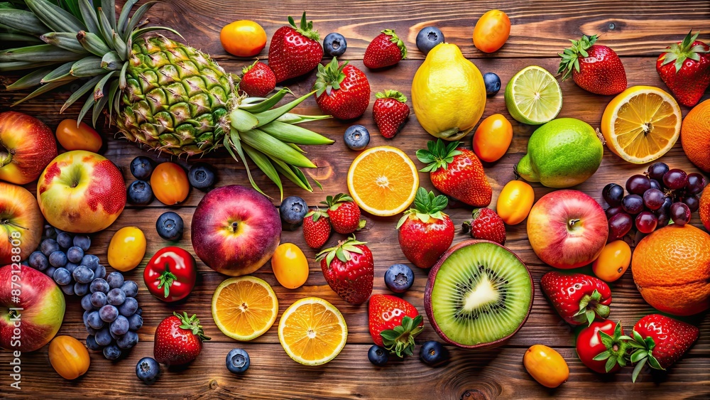 Poster A variety of fresh and vibrant fruits arranged neatly on a wooden table , healthy, organic, colorful, apples, bananas