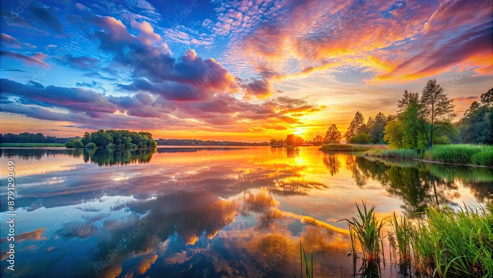 Poster A beautiful nature background with vibrant colors of a sunrise over a tranquil lake, nature, background, sunrise, vibrant