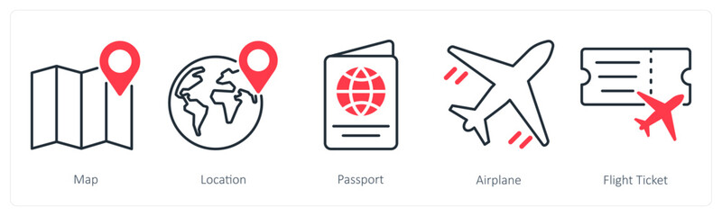 A set of 5 Summer and Travel icons as map, location, passport