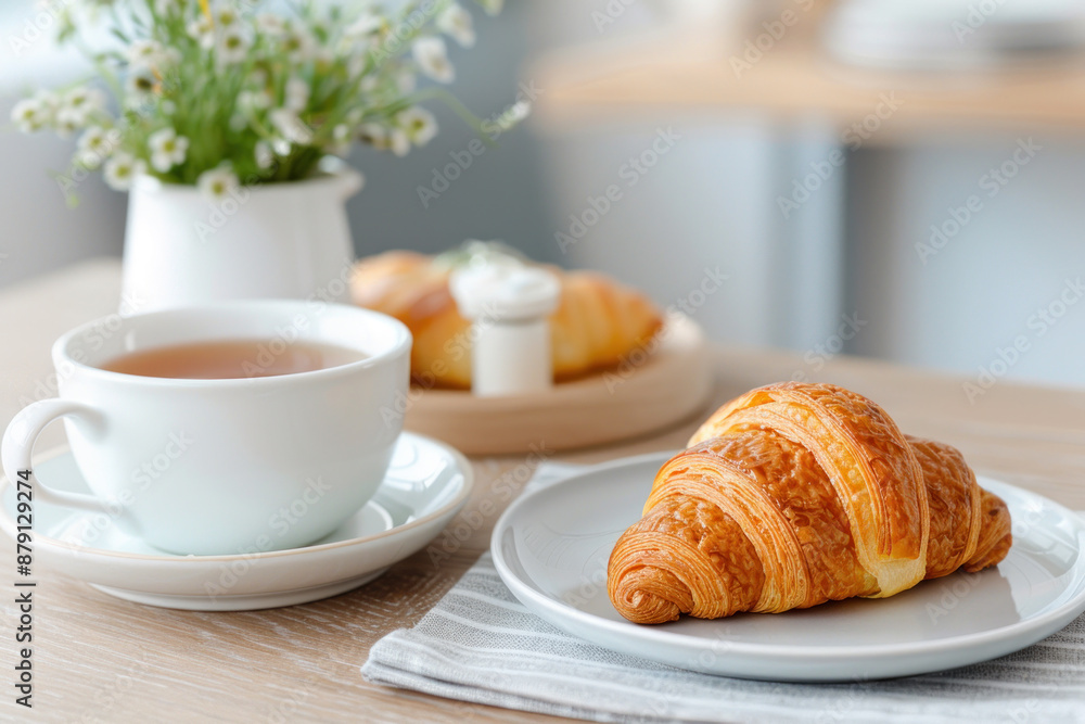 Wall mural a cup of herbal tea and croissant on table at hotel restaurant cafe