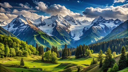 Beautiful mountain view with snow-capped peaks and lush green valleys, mountain, view, snowy, peaks, valley