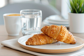 A glass of fresh water and croissant on table at hotel restaurant cafe