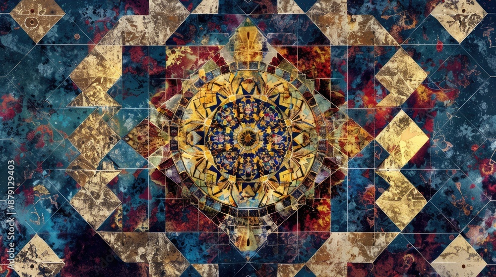 Poster a vibrant abstract spiral mosaic with colorful tiles in a mesmerizing pattern, creating a stylish vi