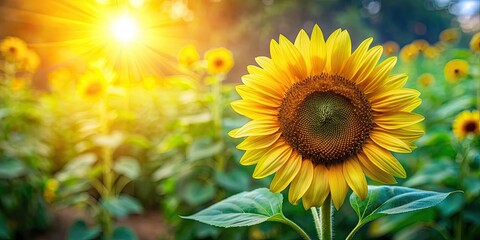 Beautiful sunflower blooming in a vibrant summer garden filled with yellow petals and seeds, sunflower, summer, flower, yellow, plant