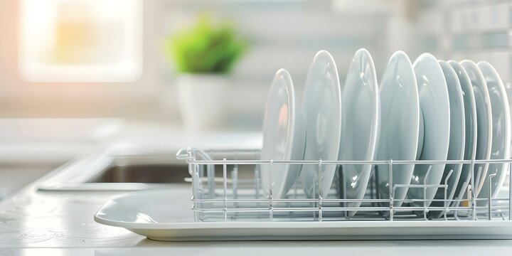 Kitchen dish rack holding clean dishes waiting to be put away. Concept Household Organization, Kitchen Utilities, Cleanliness, Home Interior, Daily Chores