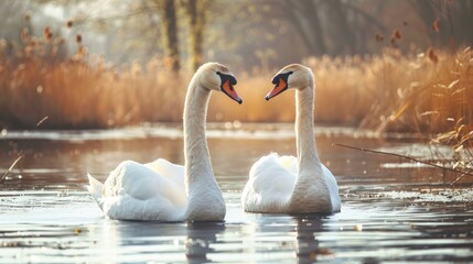 Fototapeta premium Swans in natural habitat with space for text Focus on specific areas