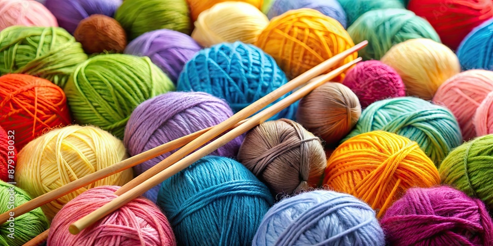 Wall mural Close up of colorful knitting needles and balls of yarn, knitting, needles, yarn, colorful, craft, hobbies, handicraft