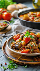 beef stew with eggplant. AI generative.