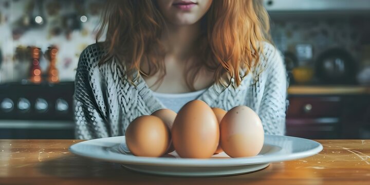 Woman at table with eggs cautious due to allergy engaging with food. Concept Allergy Awareness, Food Safety, Caution with Eggs, Woman at Table, Engaging with Food