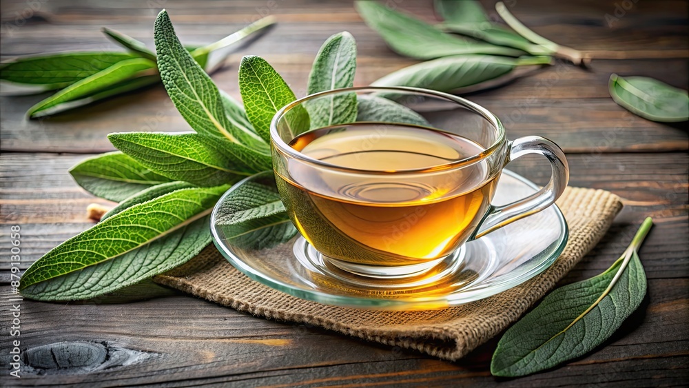 Wall mural A warm cup of soothing sage tea with fresh sage leaves on the side, herbal, beverage, hot drink, relaxation, calming