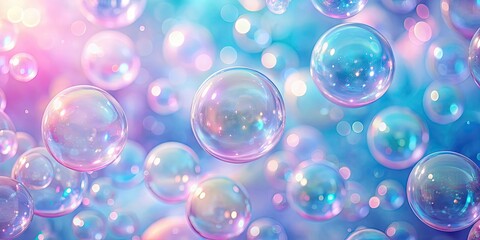 Naklejka premium Abstract pastel pink and blue background with iridescent magical air bubbles, wallpaper with glass balls , pastel