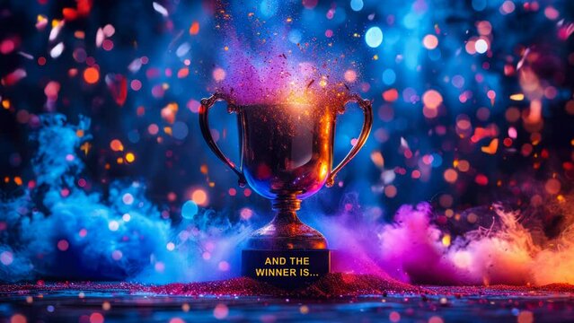 Shining Trophy Cup Bursting with Colorful Beams and Stars Celebrating Victory Announcement