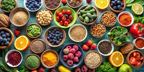 Assorted superfoods in small bowls surrounded by fruits, nuts, and vegetables on a solid colored background