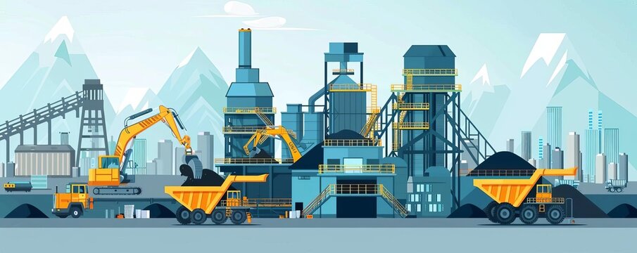 Coal extraction process flat design front view theme mining cartoon drawing Complementary Color Scheme