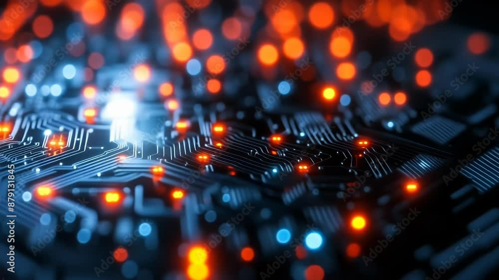 Poster futuristic circuit board with glowing lines and bokeh lights, high-tech background for data processi