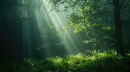 Sunbeams filtering through dense fog in forest