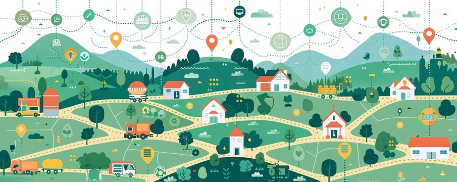 Food distribution network flat design top view theme agriculture cartoon drawing Complementary Color Scheme