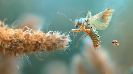 Obraz premium A prevalent cyan caterpillar a shield bug and an insect in flight