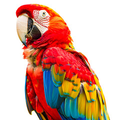 Fototapeta premium Vibrant close-up image of a scarlet macaw parrot with colorful feathers isolated on transparency PNG background, .